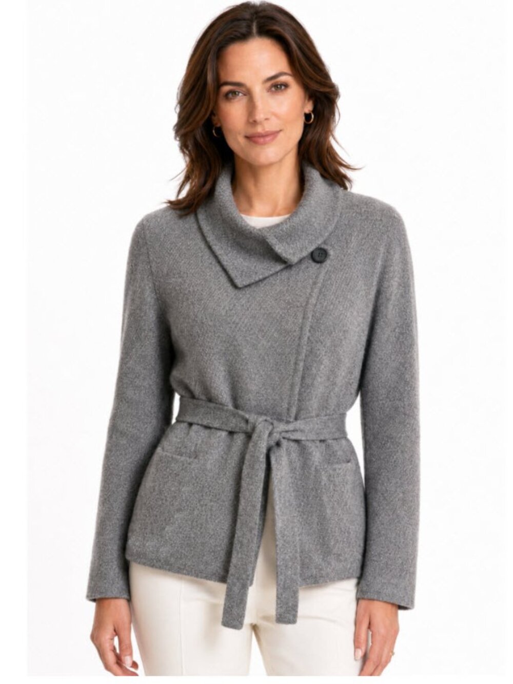 Max Mara Grey 100% Cashmere Belted Cardigan Blazer Jacket Large Polka Dot